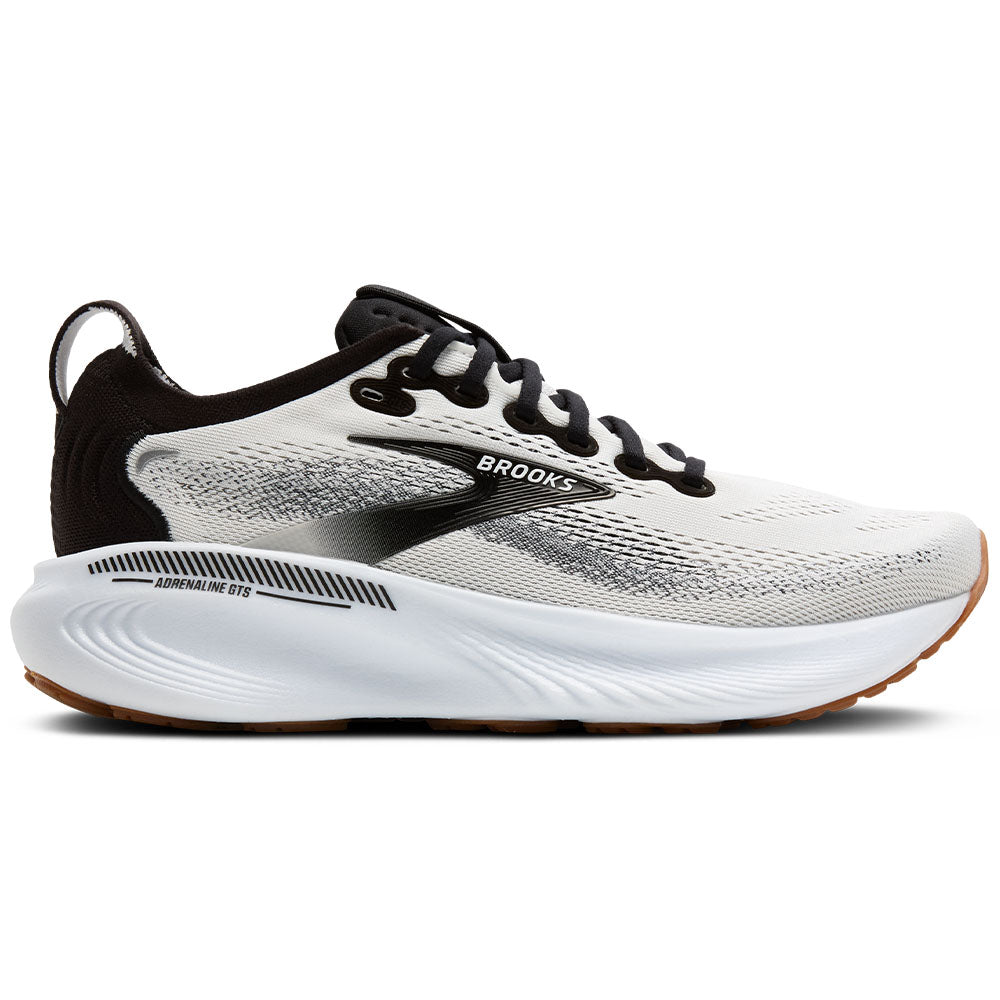Side view on white background of Womens Brooks Adrenaline running shoe in White/Black/White, Wide width