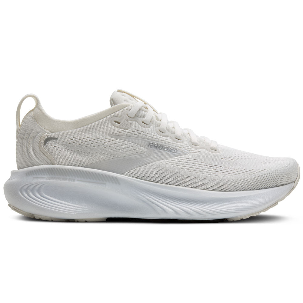 Side view on white background of Womens Brooks Adrenaline running shoe in White/White/Silver, Wide width
