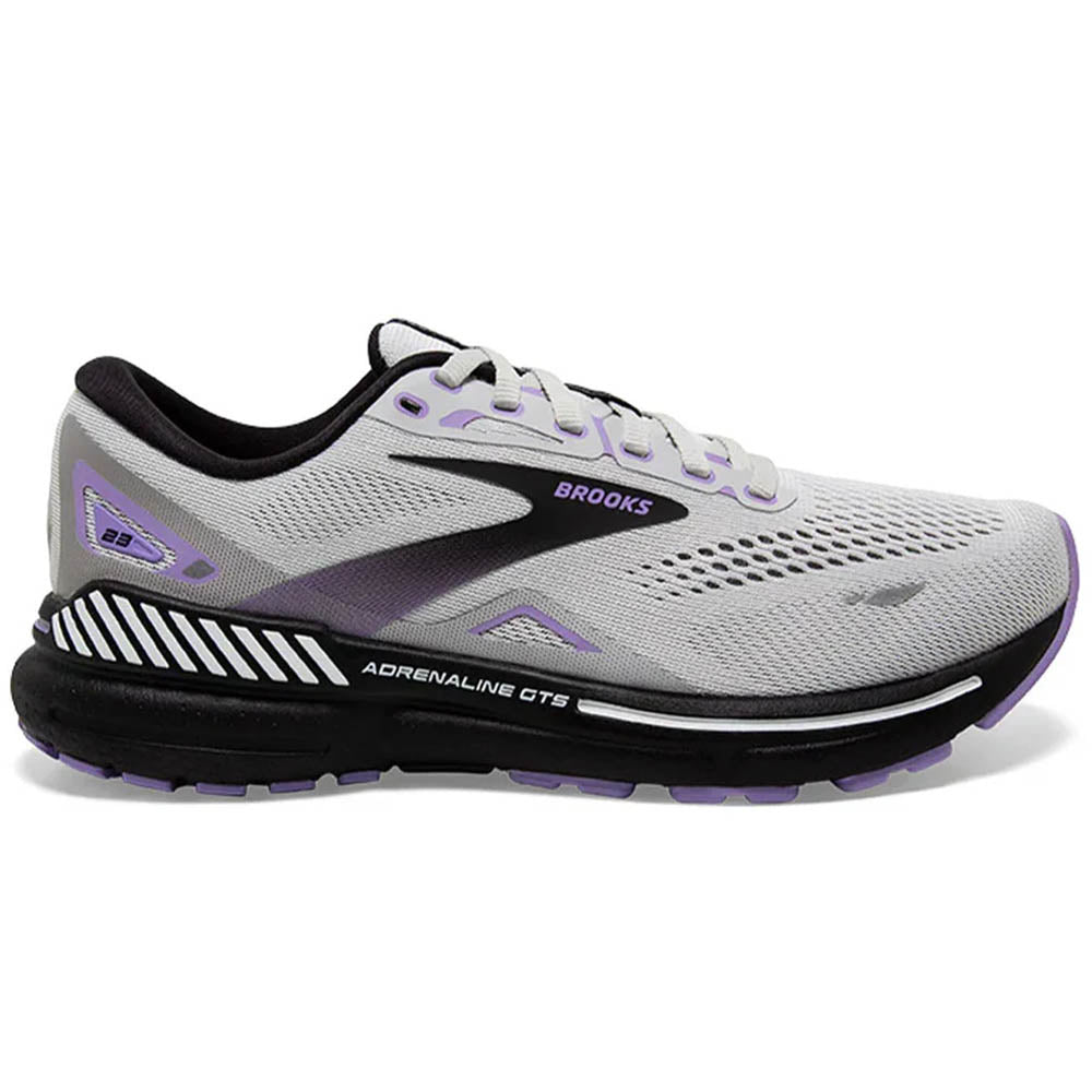 Side view on white background of Womens Brooks Adrenaline GTS running shoe in Grey/Black/Purple, Wide width