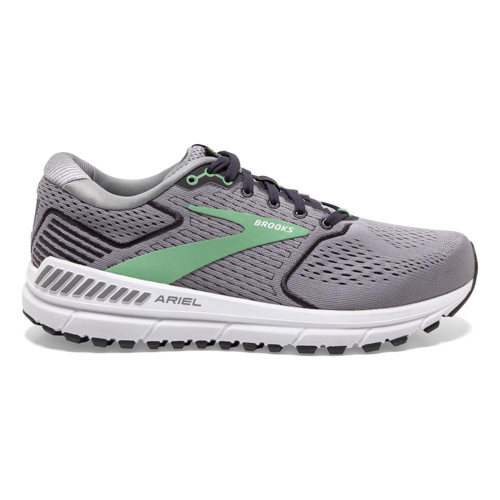 Side view on white background of Womens Brooks Ariel running shoe in Alloy/Blackened Pearl/Green, Medium (Regular) width