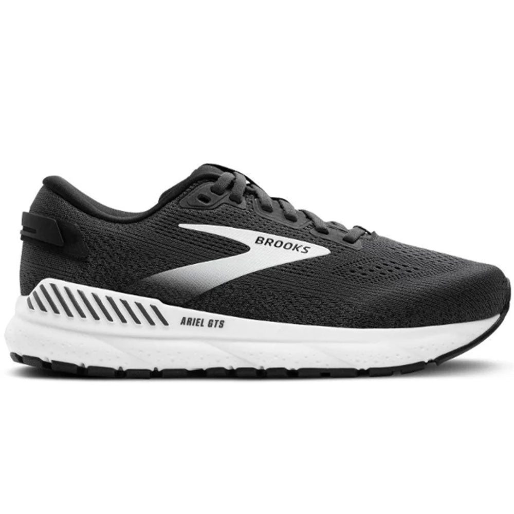 Side view on white background of Womens Brooks Ariel running shoe in Ebony/Black/White, Extra Wide width