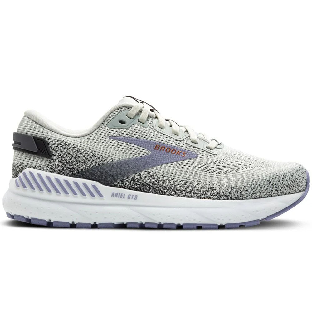 Side view on white background of Womens Brooks Ariel running shoe in Mercury/Ebony/Sweet Lavender, Medium (Regular) width