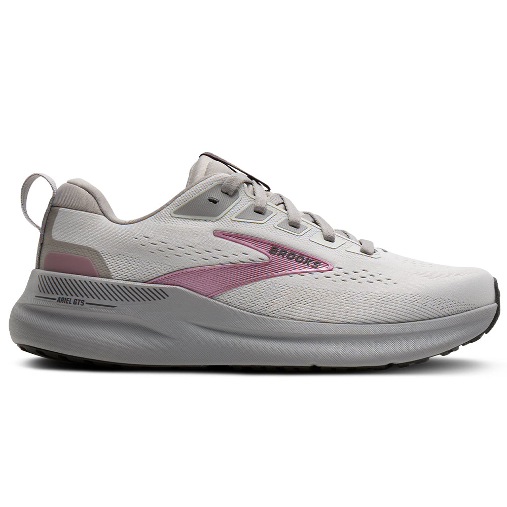 Side view on white background of Womens Brooks Ariel running shoe in Oyster Mushroom/Alloy/Pink, Wide width