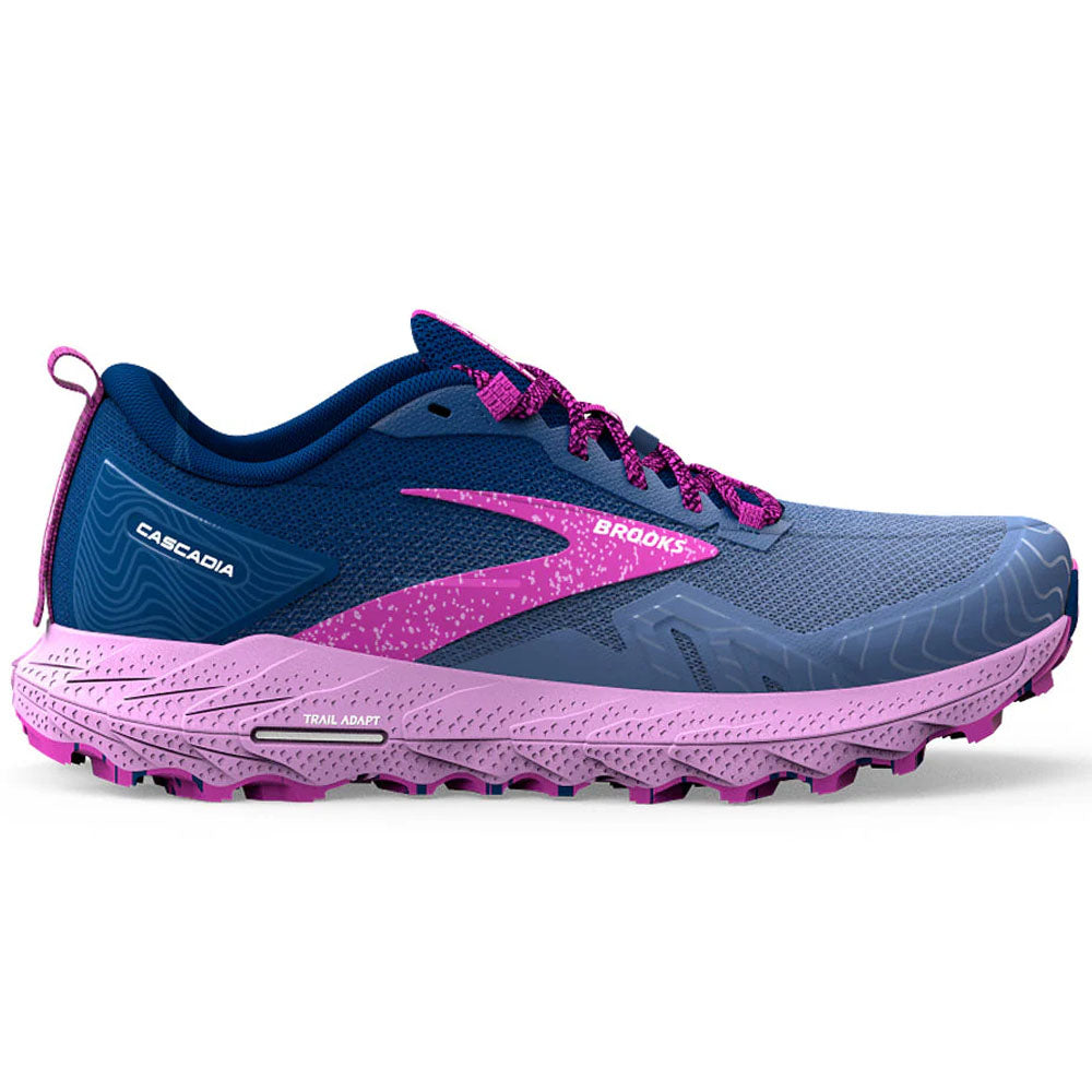 Brooks Cascadia Womens running shoes in Navy/Purple/Violet - side view on a white background