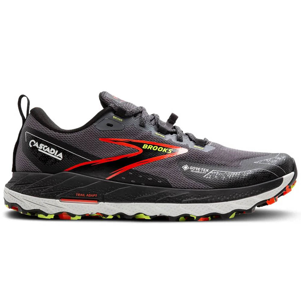 Side view on white background of Mens Brooks Cascadia running shoe in Blackened Pearl/Black/Tomato, Medium (Regular) width