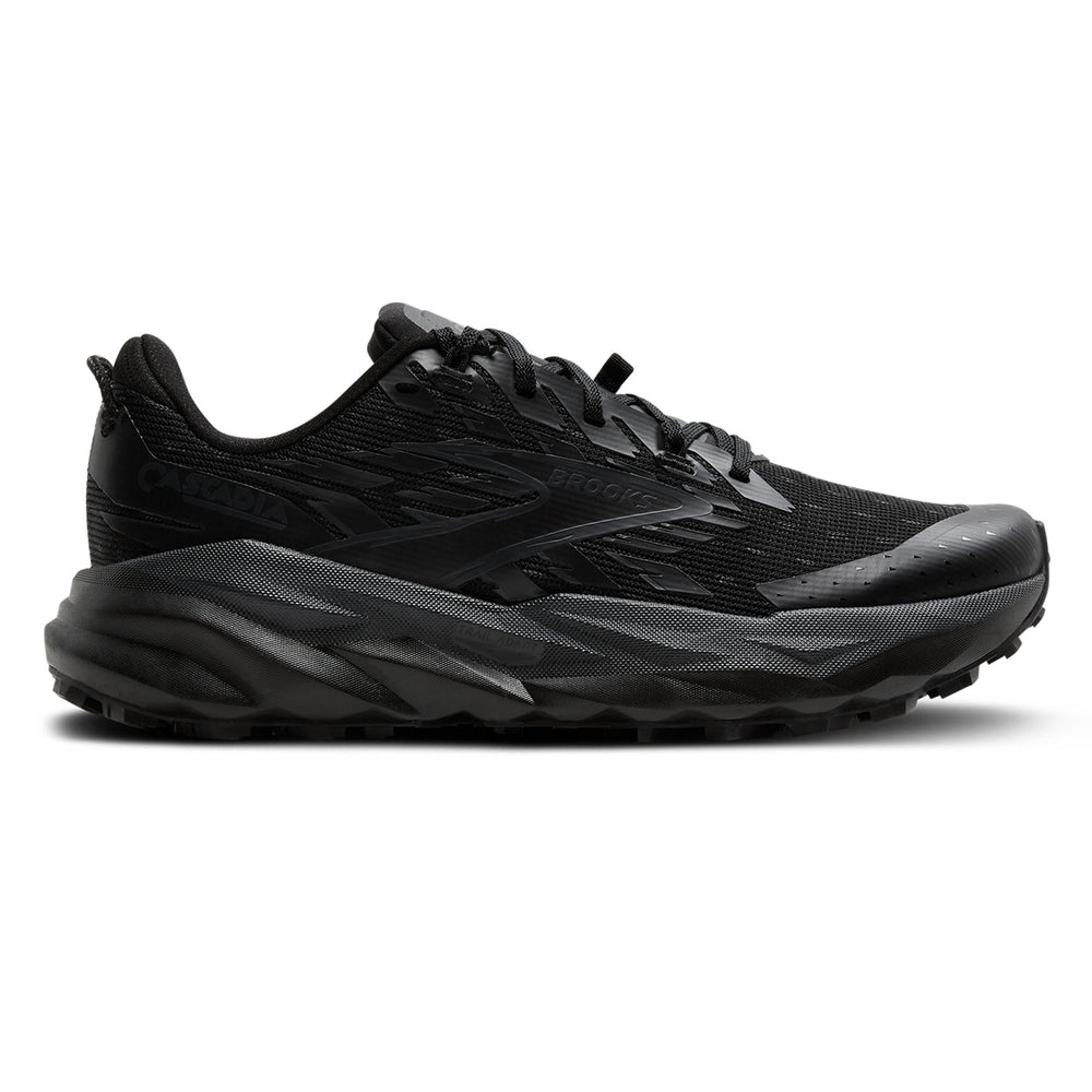 Side view on white background of Womens Brooks Cascadia 19 running shoe in Black/Black/Ebony, Medium (Regular) width
