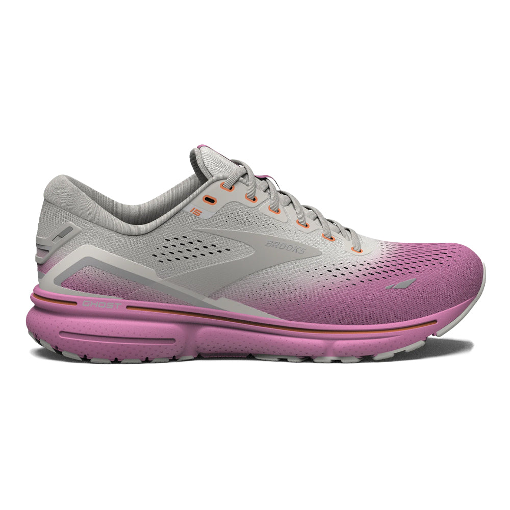 Women's Brooks Ghost 15, Grey/Coconut/Fuchsia, 5.5 B Medium