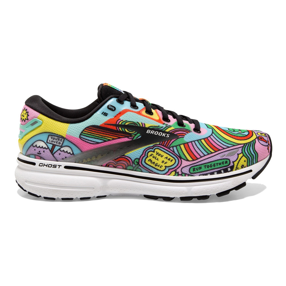 Women's Brooks Ghost 15, Black/White/Multi, 5.5 B Medium