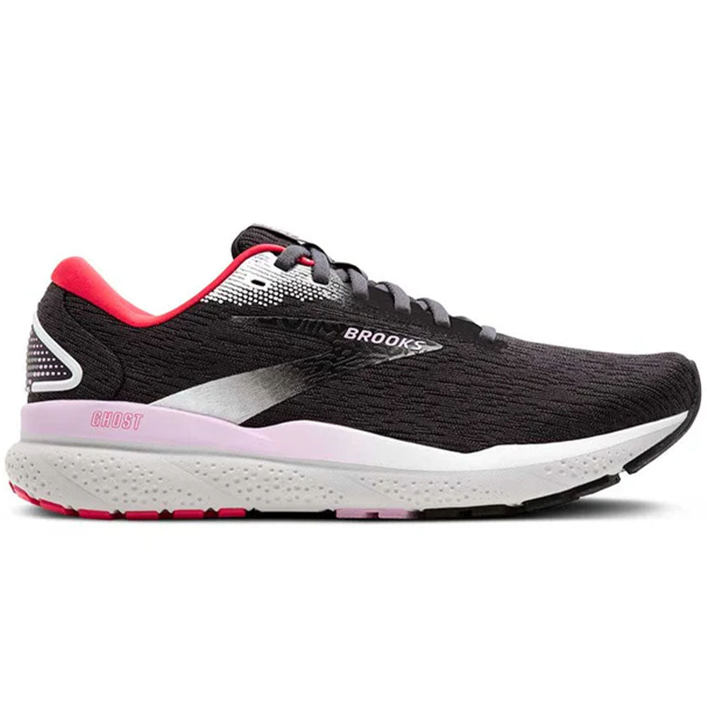 Side view on white background of Womens Brooks Ghost running shoe in Black/Ebony/Raspberry, Medium (Regular) width