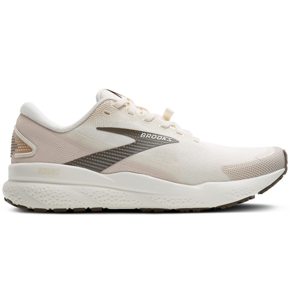 Side view on white background of Womens Brooks Ghost running shoe in Almond Peach/Coconut/Falcon, Medium (Regular) width