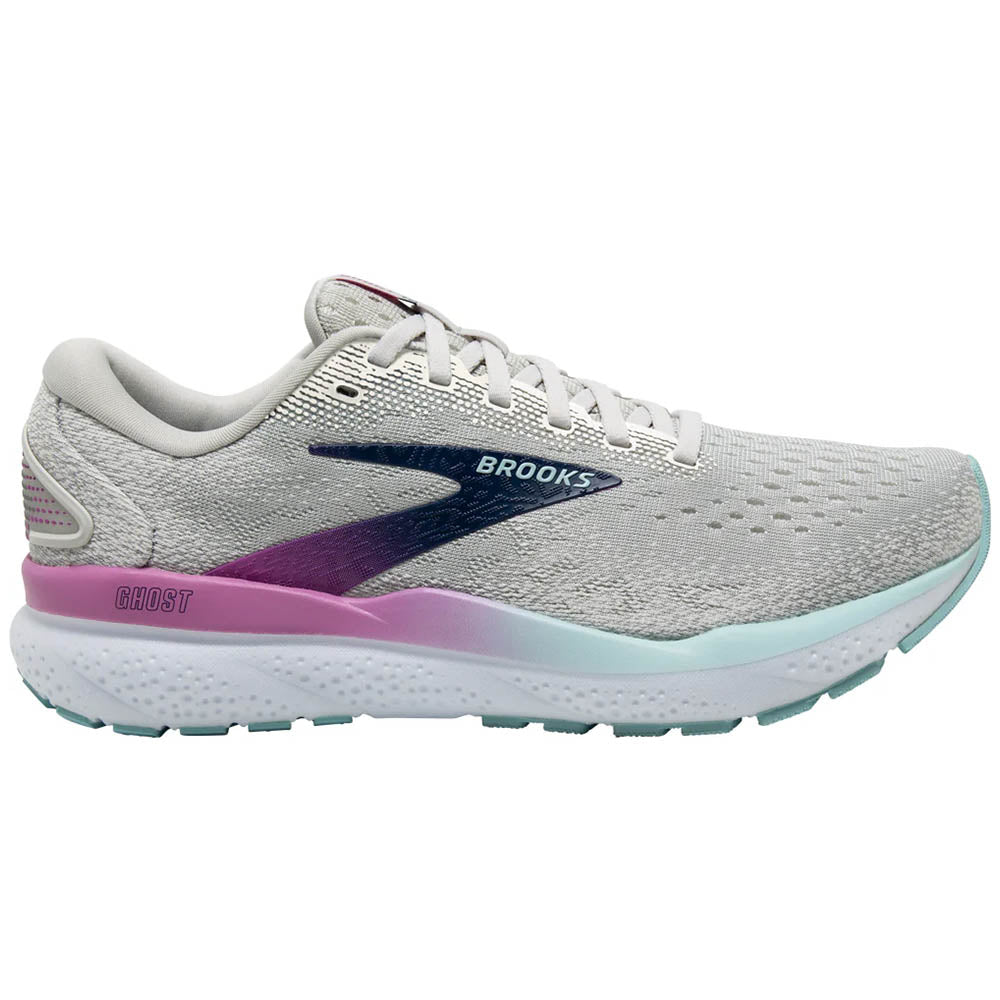 Side view on white background of Womens Brooks Ghost running shoe in White/Grey/Estate Blue, Medium (Regular) width