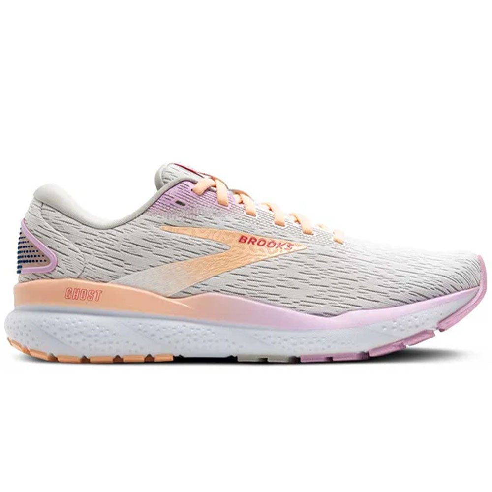 Side view on white background of Womens Brooks Ghost running shoe in White/Grey/Orchid, Medium (Regular) width