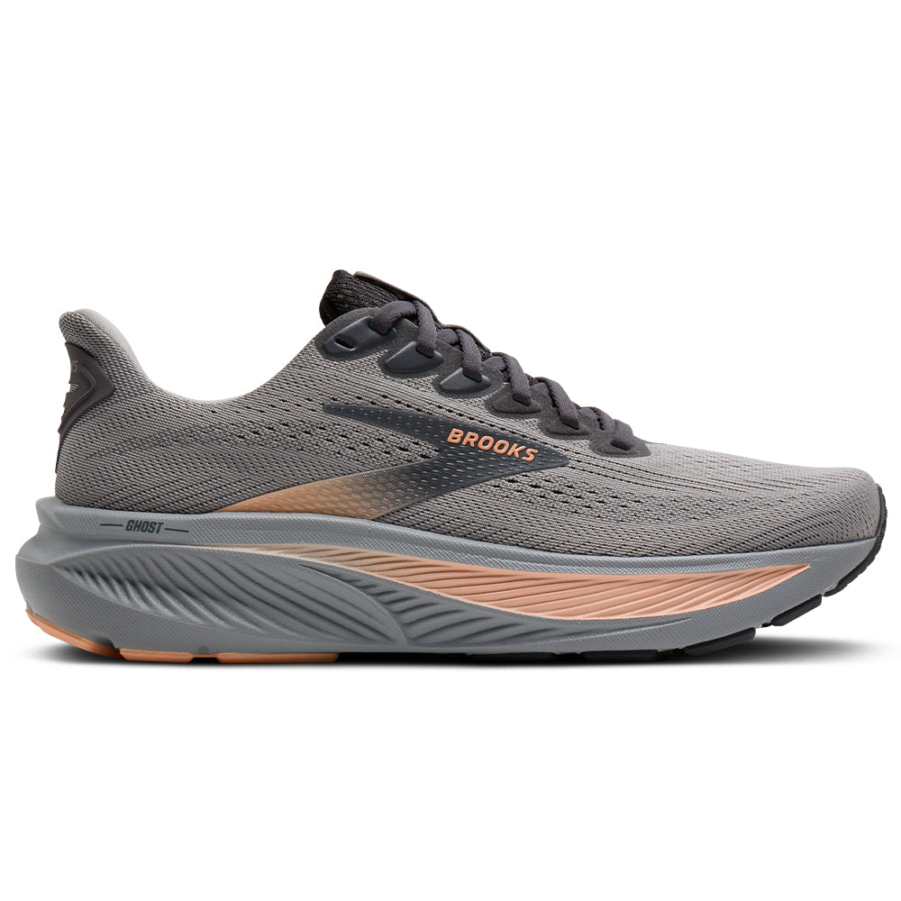 Side view on white background of Womens Brooks Ghost 17 running shoe in Alloy/Blackened Pearl/Peach, Medium (Regular) width