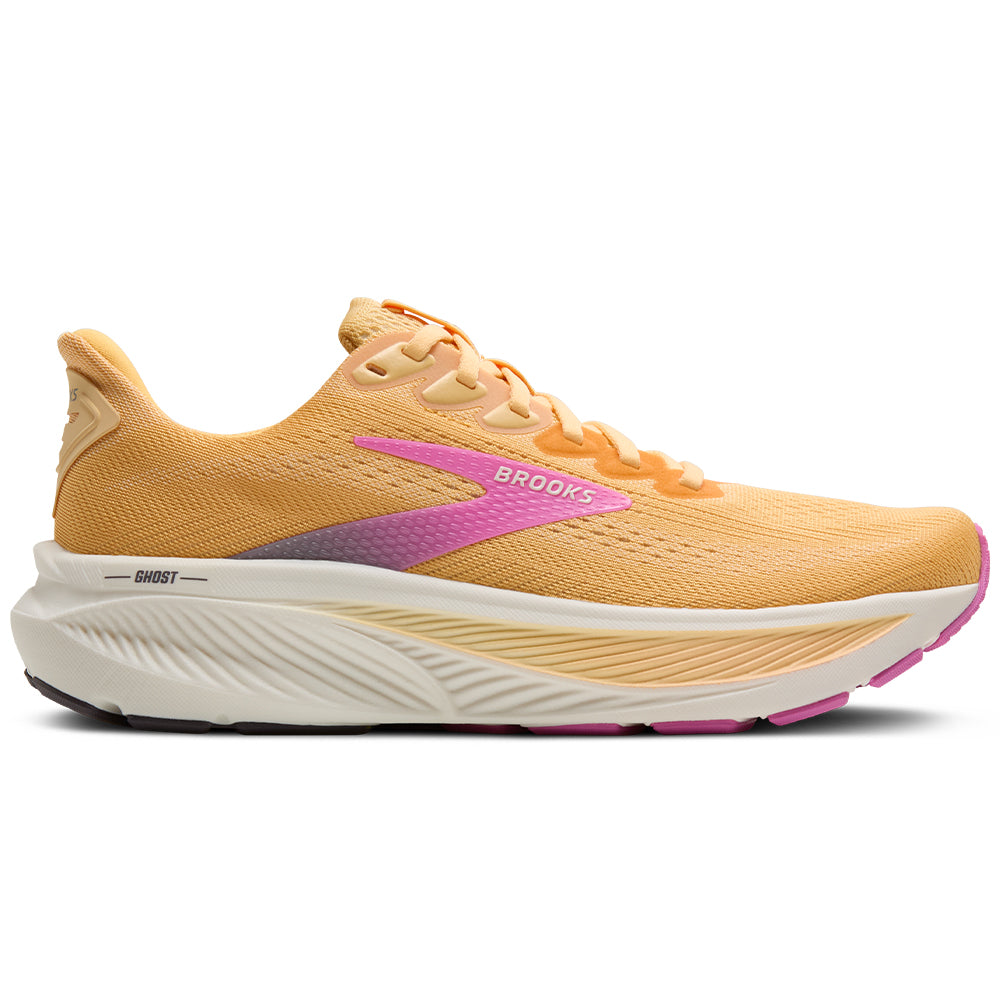 Side view on white background of Womens Brooks Ghost running shoe in Apricot/Grey/Pink, Medium (Regular) width