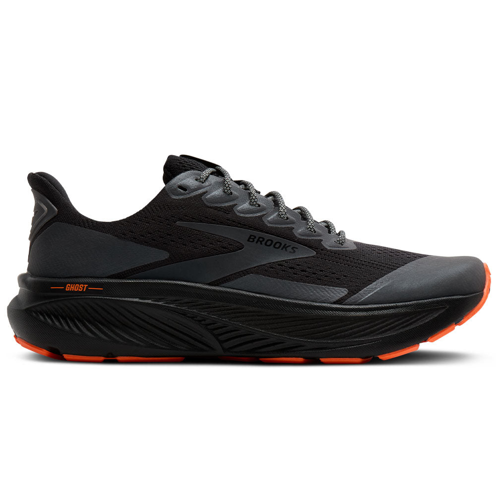 Side view on white background of Womens Brooks Ghost running shoe in Black/Orange, Medium (Regular) width