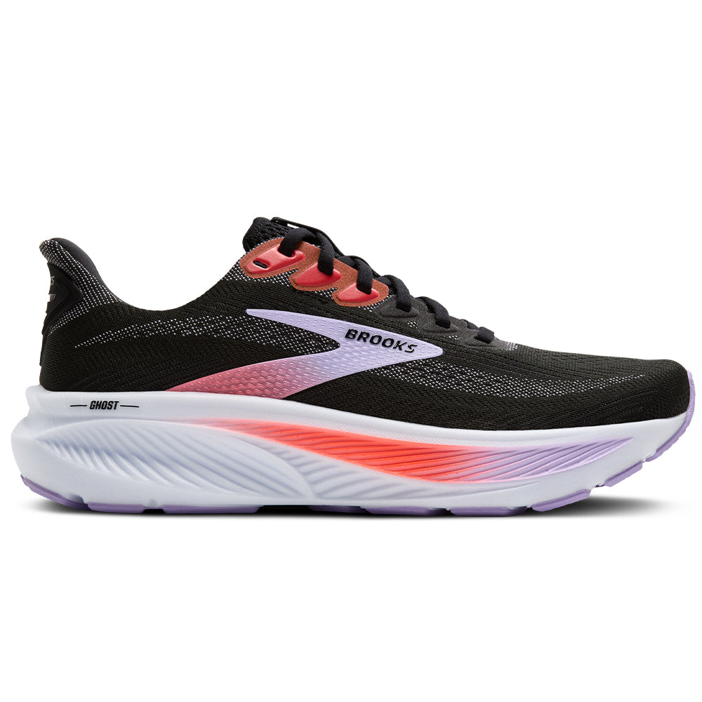 Side view on white background of Womens Brooks Ghost running shoe in Black/Purple/Coral, Medium (Regular) width