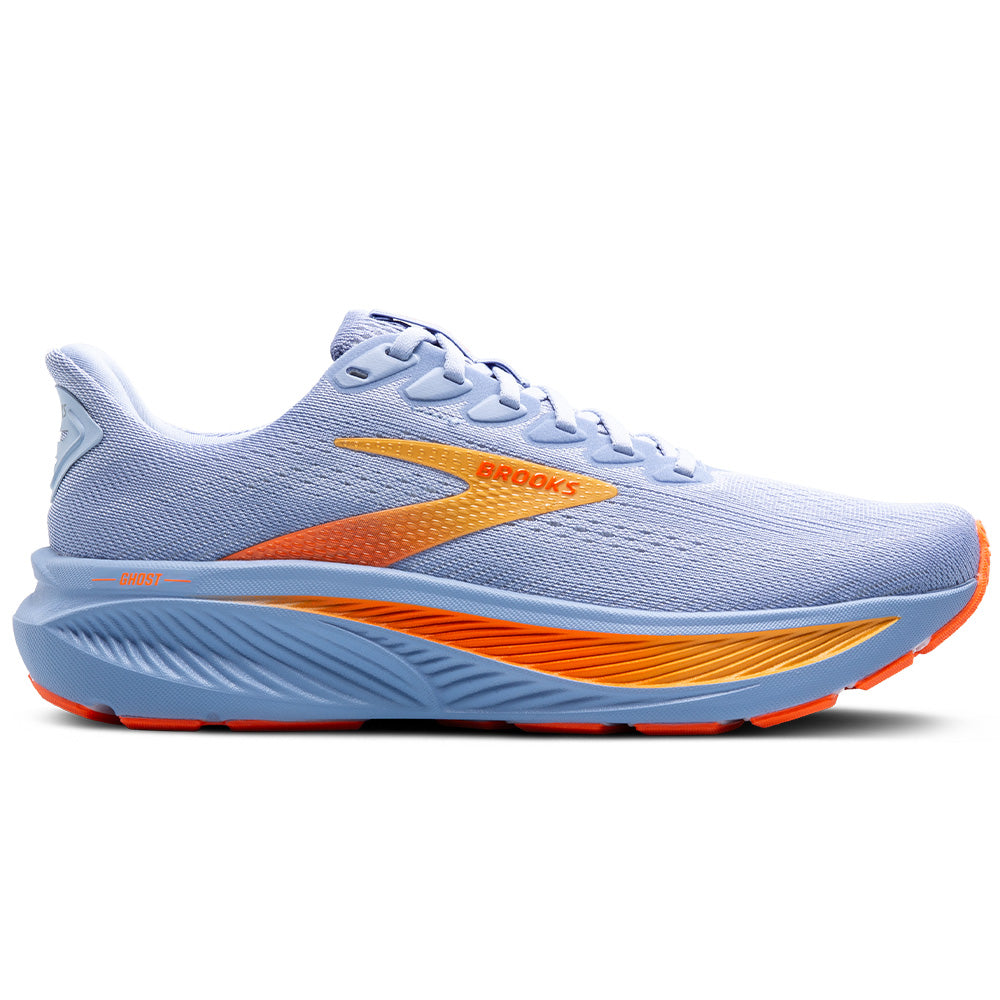 Side view on white background of Womens Brooks Ghost running shoe in Blue Heron/White/Orange, Medium (Regular) width