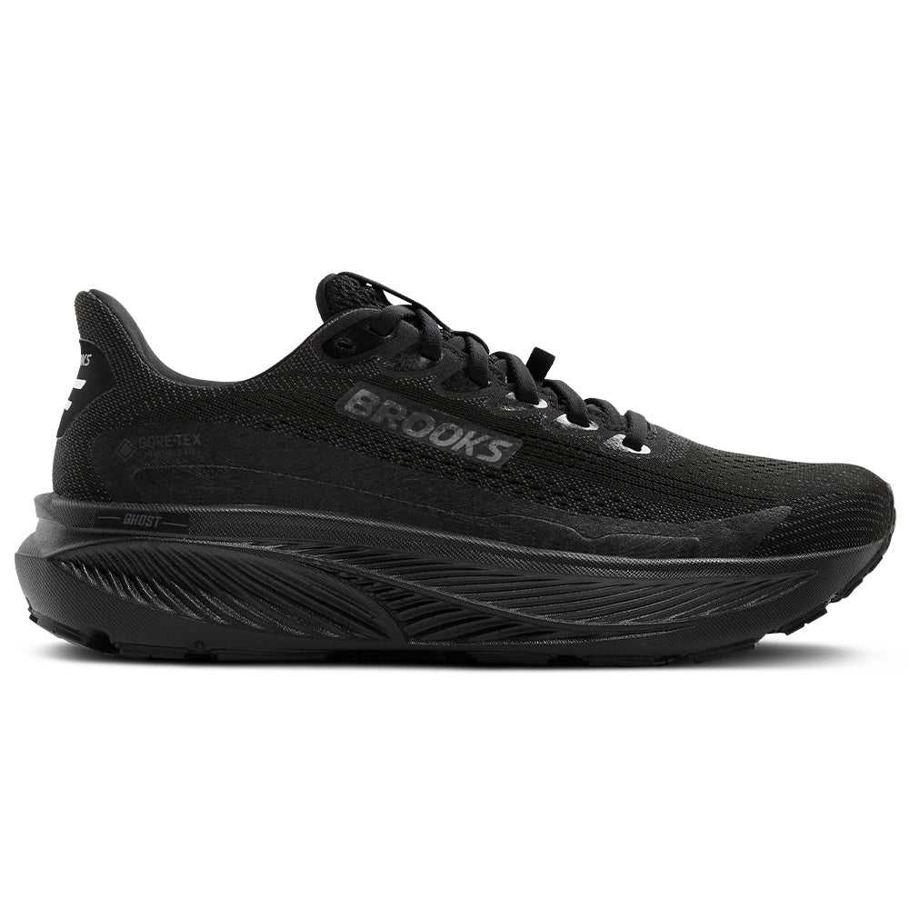 Side view on white background of Womens Brooks Ghost running shoe in Black/Black/Ebony, Medium (Regular) width