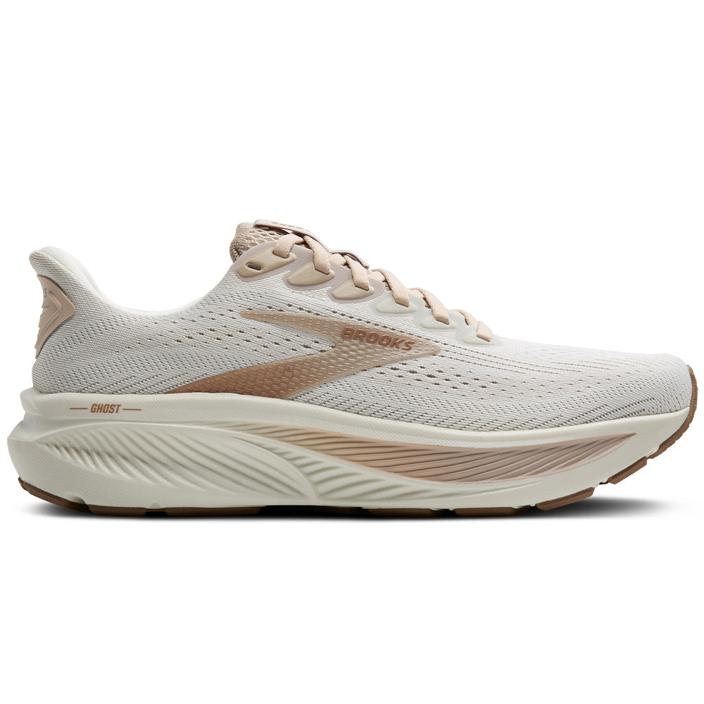 Side view on white background of Womens Brooks Ghost running shoe in Grey/Chateau Grey/Portabella, Medium (Regular) width