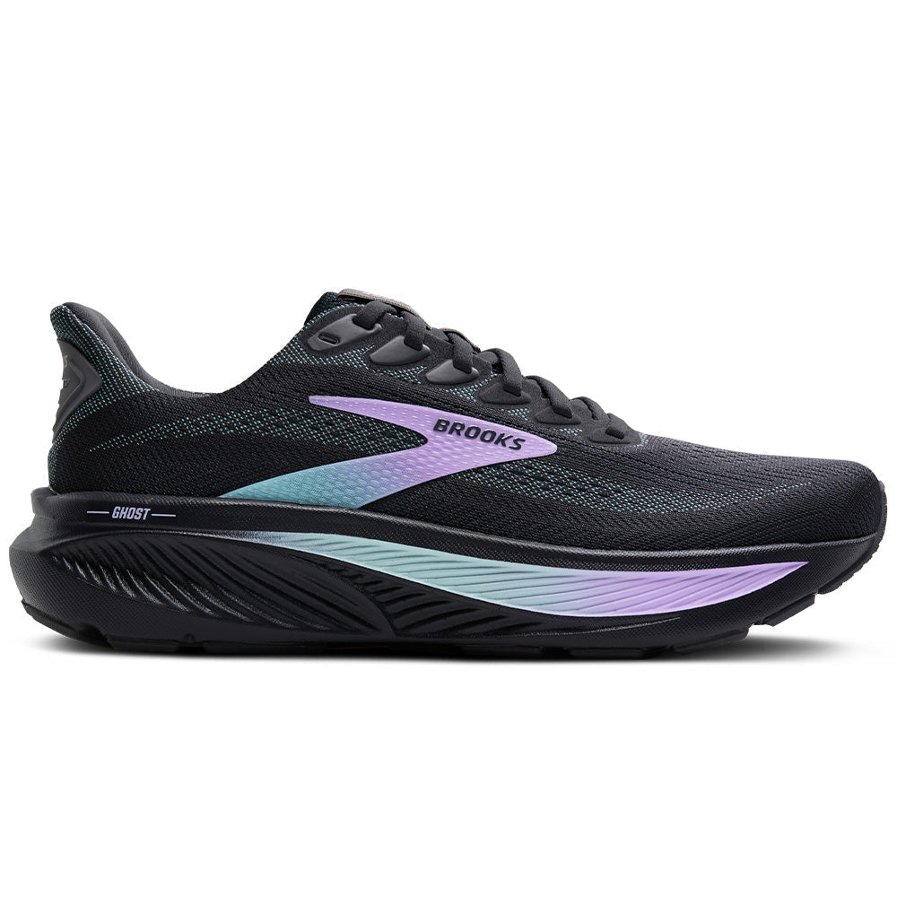 Side view on white background of Womens Brooks Ghost running shoe in Grey/Clearwater/Purple, Wide width
