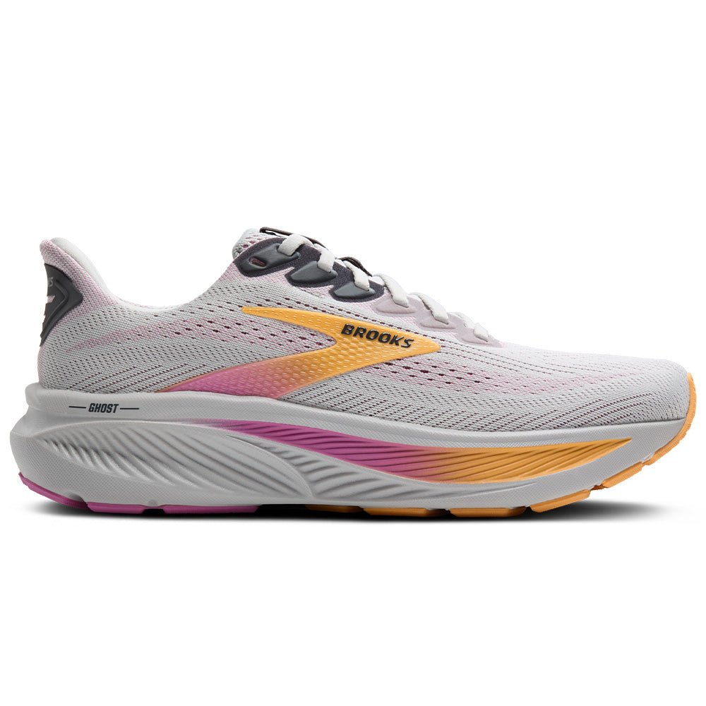 Side view on white background of Womens Brooks Ghost running shoe in Oyster/Apricot/Pink, Narrow width