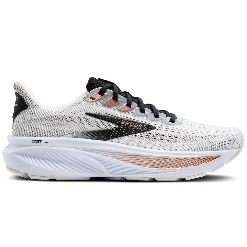 Side view on white background of Womens Brooks Ghost running shoe in White/Black/Rose Gold, Medium (Regular) width