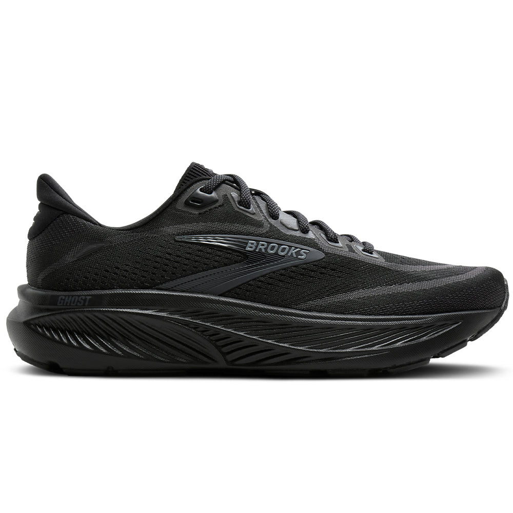 Side view on white background of Womens Brooks Ghost running shoe in Black/Black/Ebony, Wide width