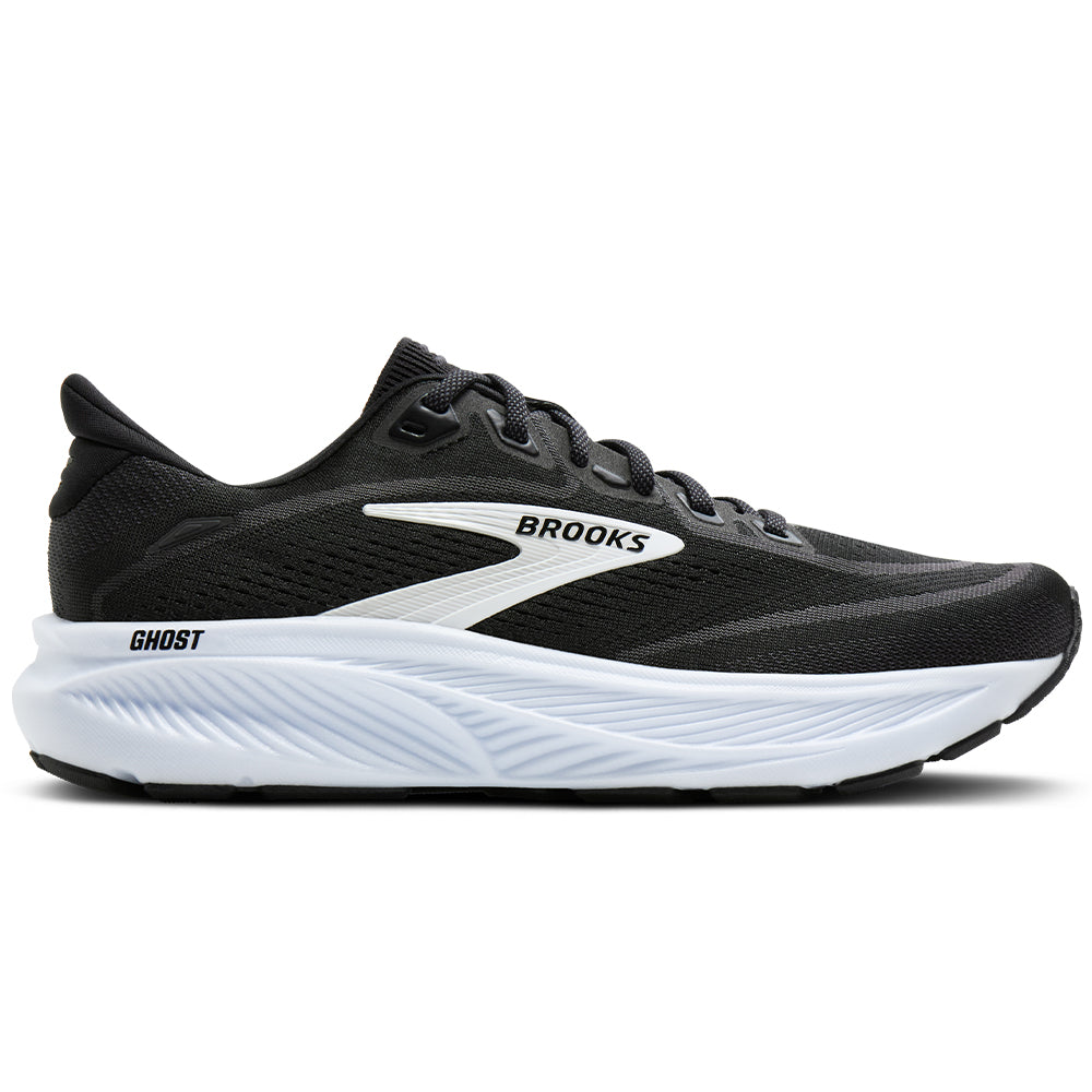 Side view on white background of Womens Brooks Ghost running shoe in Black/Grey/White, Medium (Regular) width