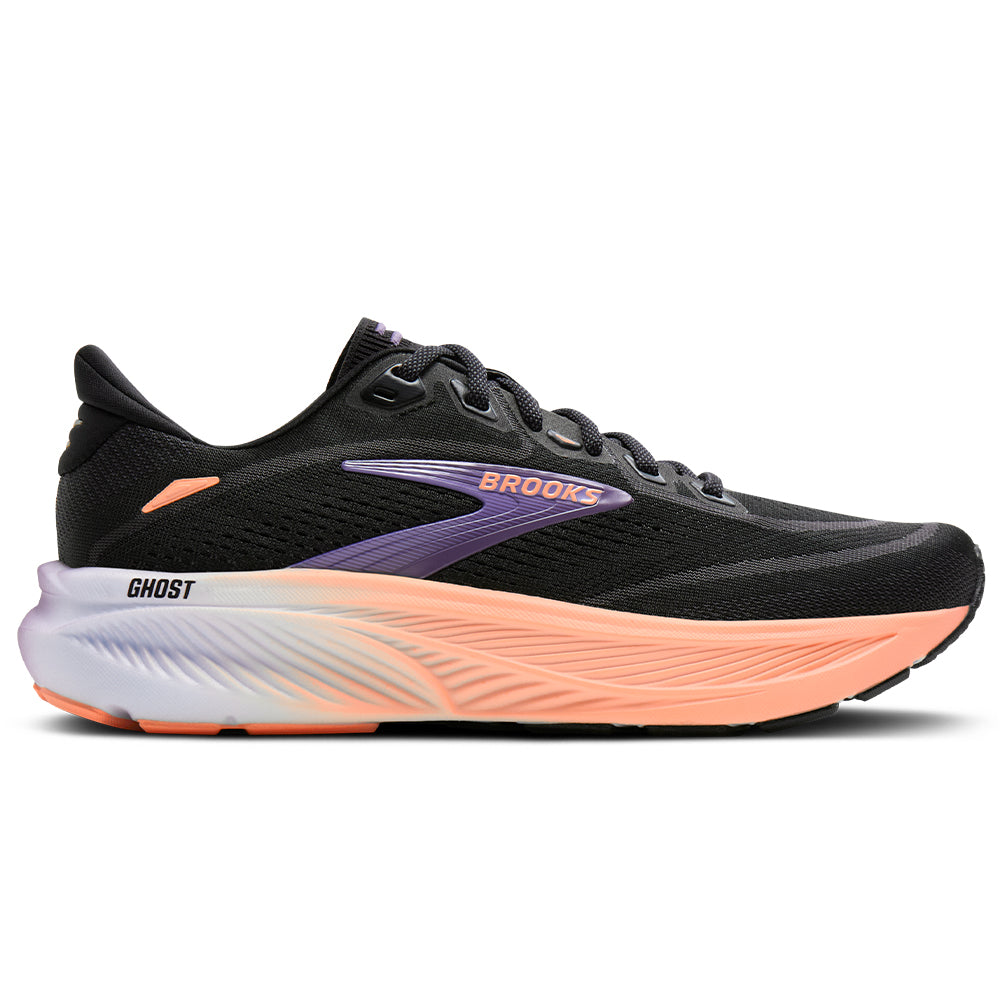 Side view on white background of Womens Brooks Ghost running shoe in Black/Mulled Grape/Peach, Medium (Regular) width