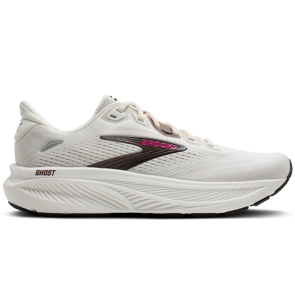 Side view on white background of Womens Brooks Ghost running shoe in Coconut/Coffee/Fuchsia, Medium (Regular) width