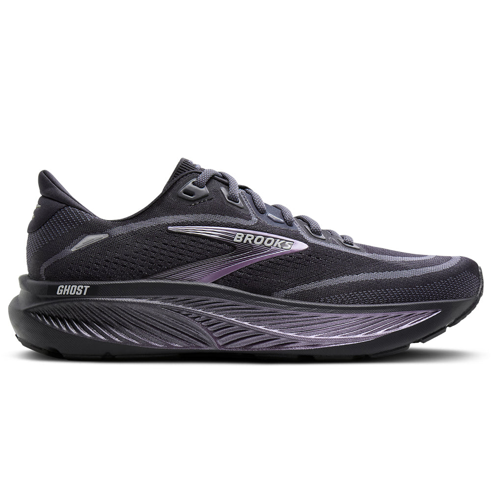 Side view on white background of Womens Brooks Ghost running shoe in Ebony/Folkstone/Metallic, Medium (Regular) width