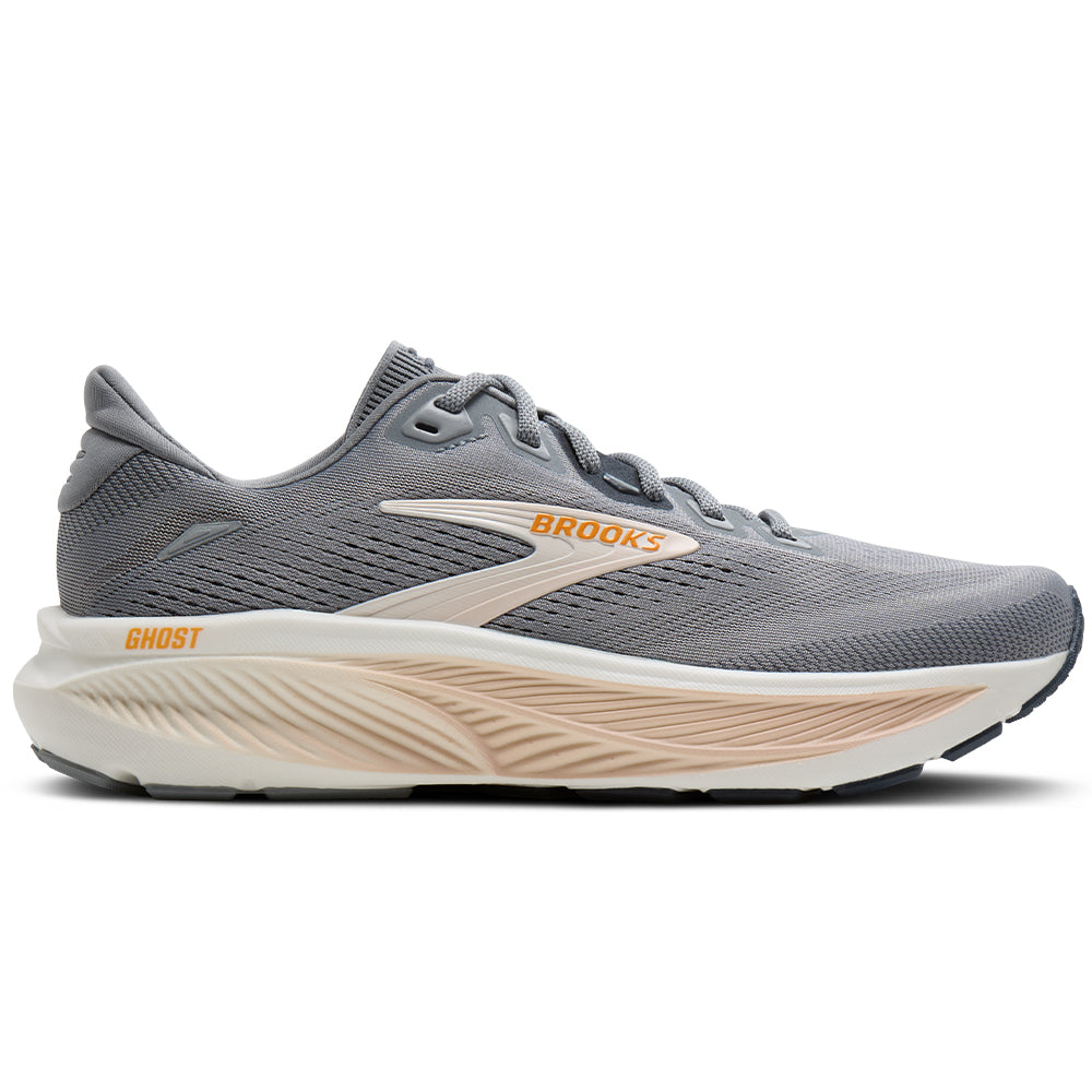 Side view on white background of Womens Brooks Ghost running shoe in Grey/Morganite/Coconut, Medium (Regular) width