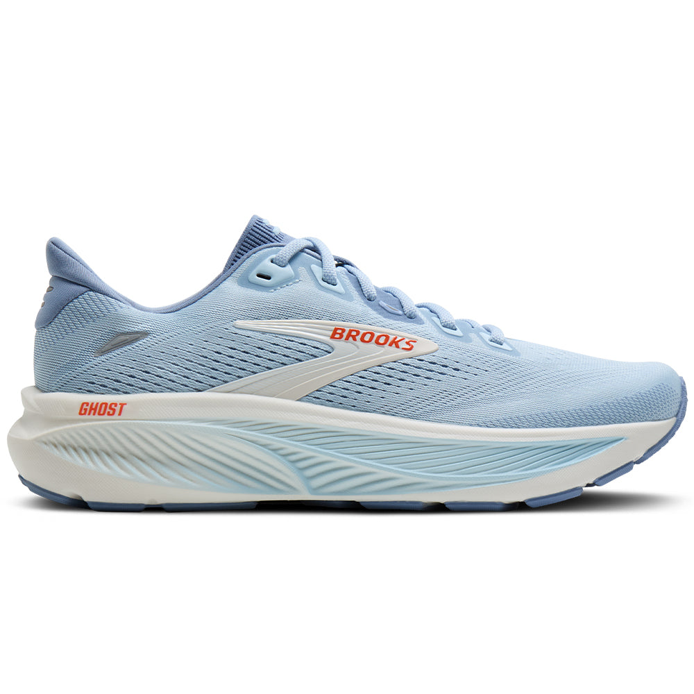 Side view on white background of Womens Brooks Ghost running shoe in Nantucket/Tigerlily/Coconut, Medium (Regular) width