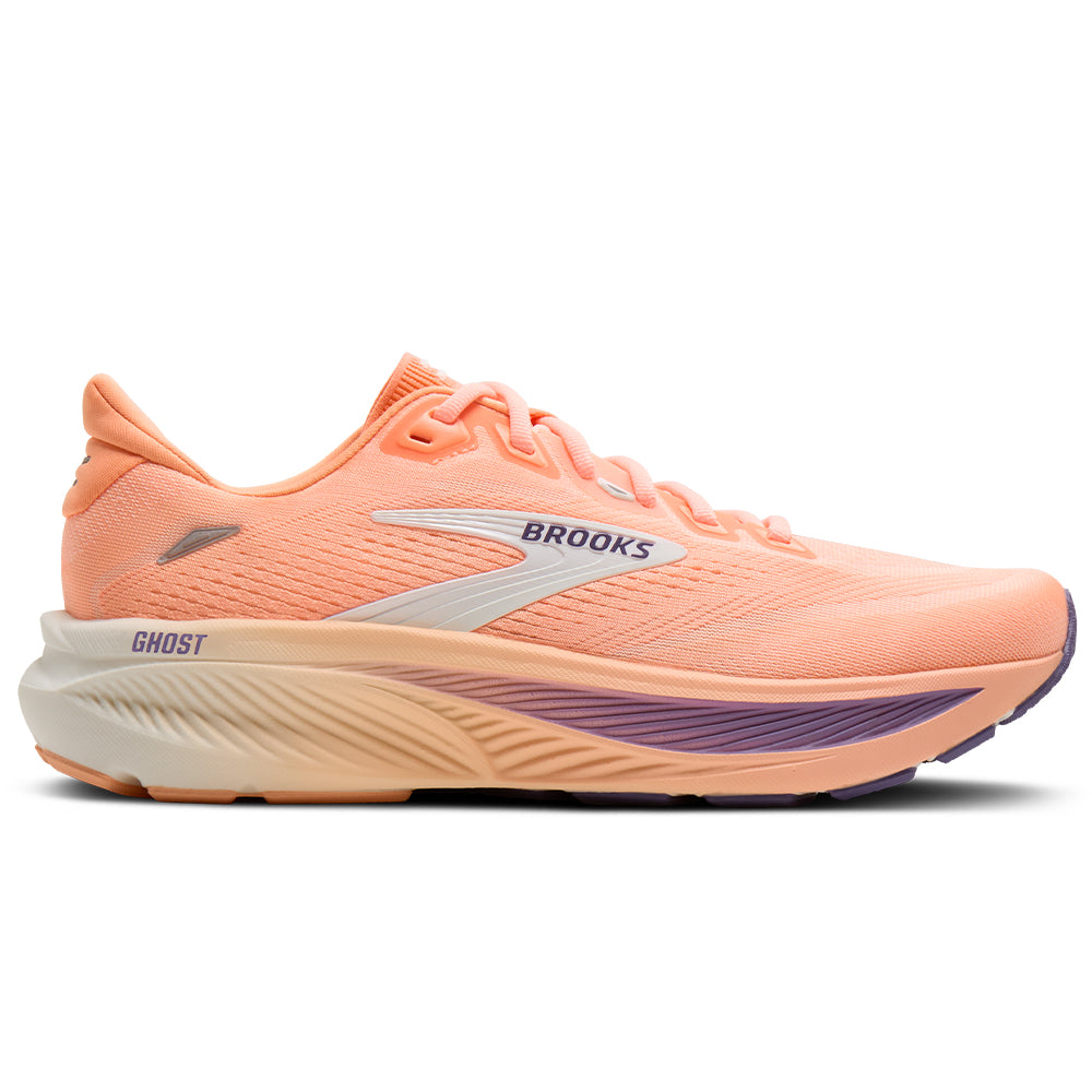 Side view on white background of Womens Brooks Ghost running shoe in Peach/Grape/Coconut, Medium (Regular) width