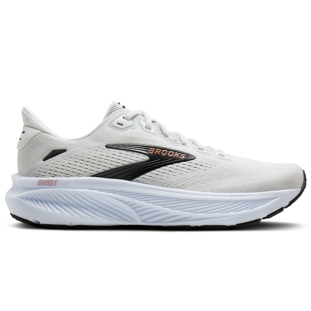 Side view on white background of Womens Brooks Ghost running shoe in White/Black/Rose Gold, Medium (Regular) width