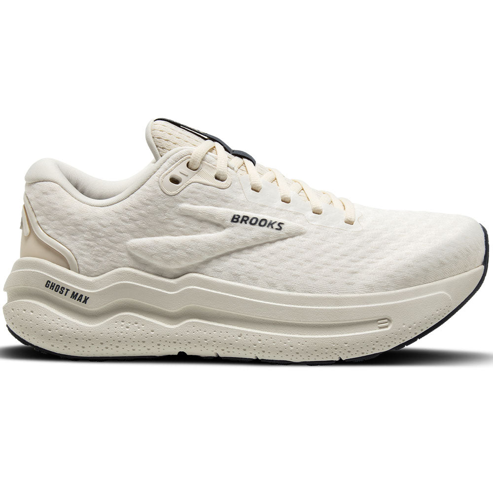 Side view on white background of Womens Brooks Ghost running shoe in Antique/Turbulence/Pearl, Medium (Regular) width