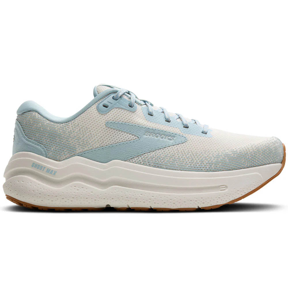 Side view on white background of Womens Brooks Ghost running shoe in Coconut Milk/Winter Sky, Medium (Regular) width
