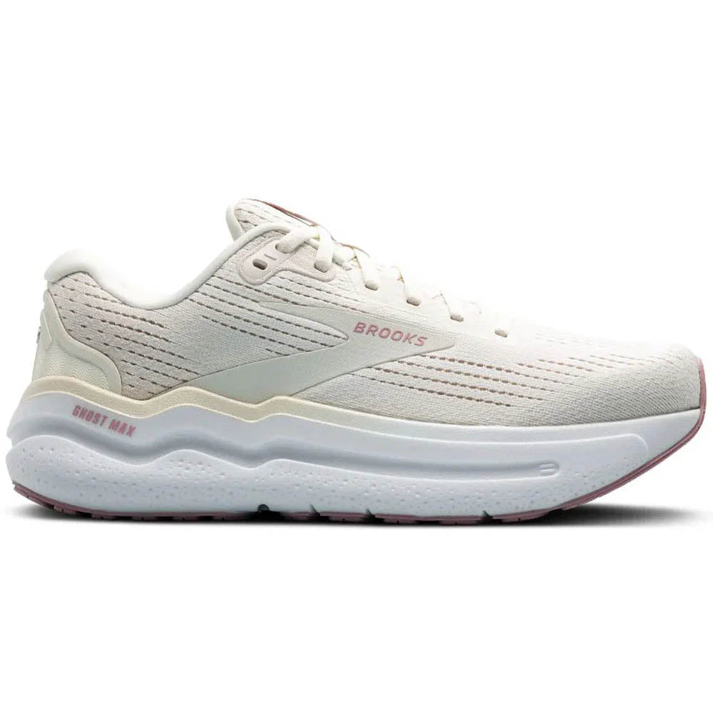 Side view on white background of Womens Brooks Ghost running shoe in Coconut Milk/Gray/Zephyr, Wide width