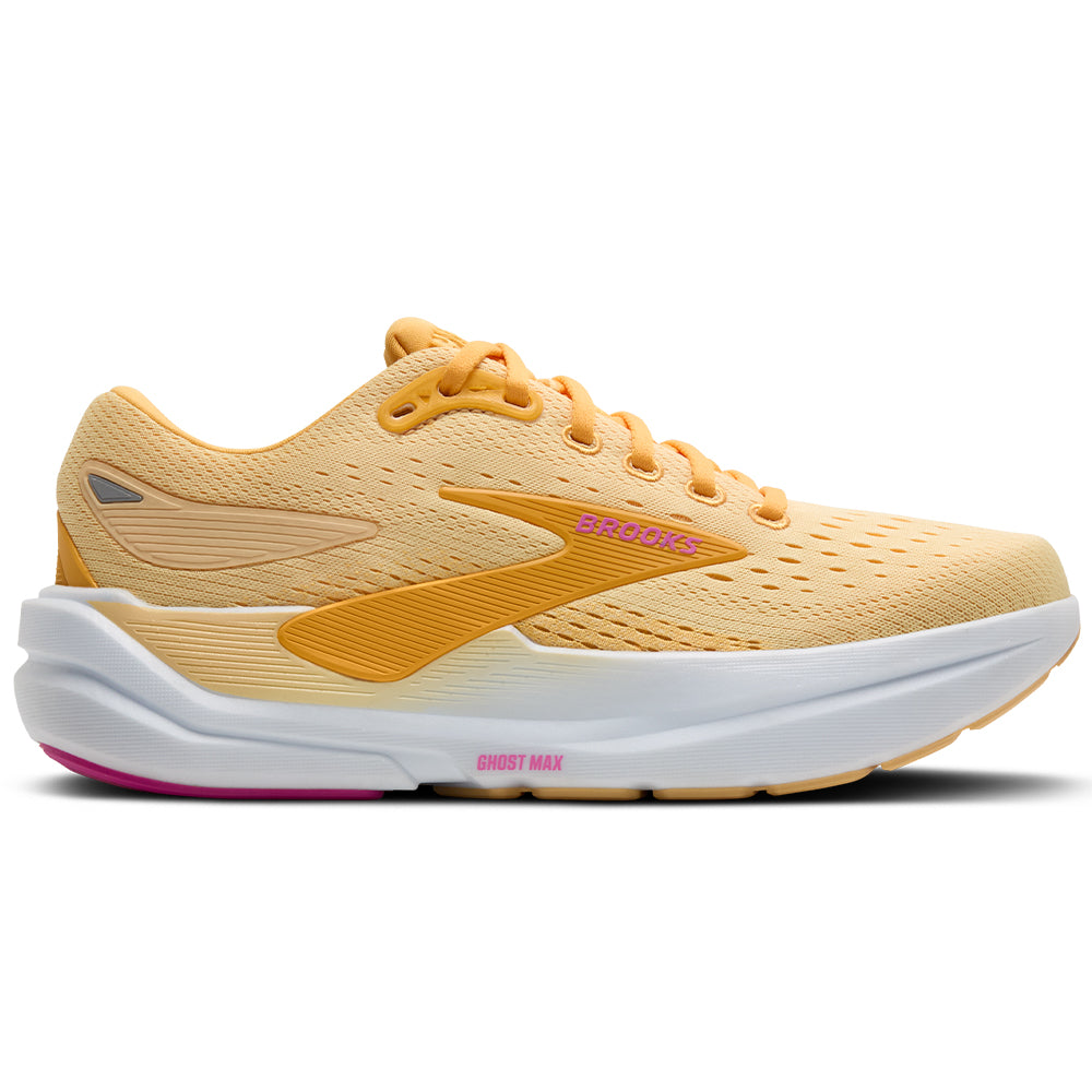 Side view on white background of Womens Brooks Ghost running shoe in Apricot/Apricot/Super Pink, Medium (Regular) width