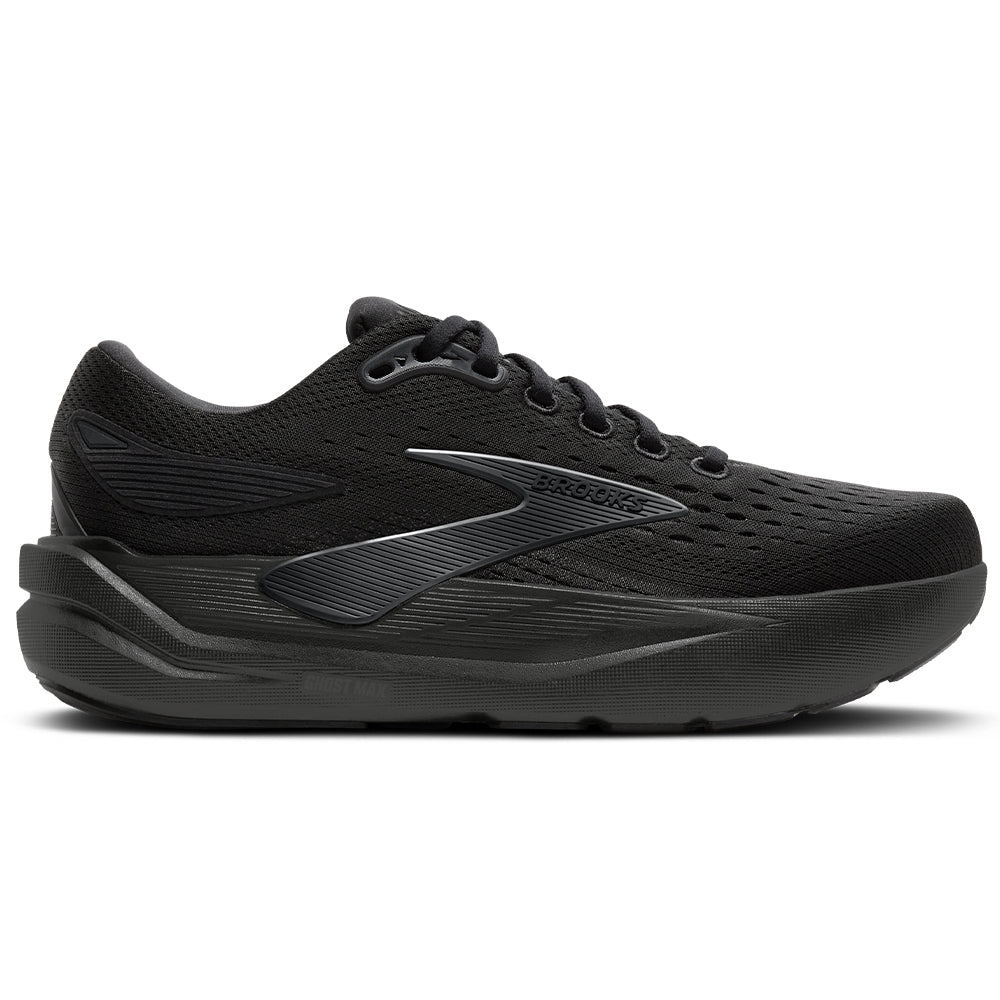 Side view on white background of Womens Brooks Ghost running shoe in Black/Black/Ebony, Extra Wide width