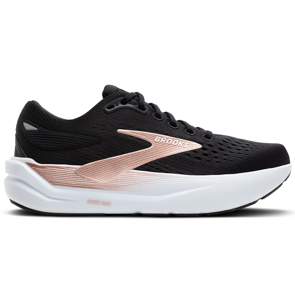 Side view on white background of Womens Brooks Ghost running shoe in Black/Black/Rose Gold, Medium (Regular) width