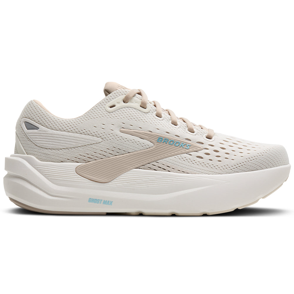 Side view on white background of Womens Brooks Ghost Max 3 running shoe in Coconut/Chateau Grey/Blue, Medium (Regular) width