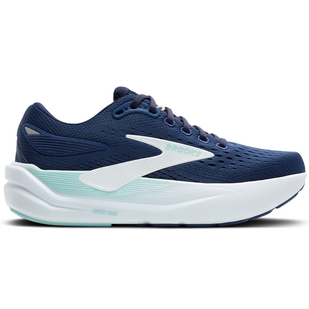 Side view on white background of Womens Brooks Ghost running shoe in Navy/Peacoat/Clearwater, Medium (Regular) width
