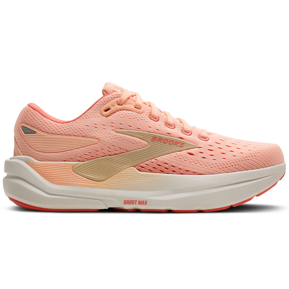 Side view on white background of Womens Brooks Ghost running shoe in Peach/Sand/Coconut, Medium (Regular) width