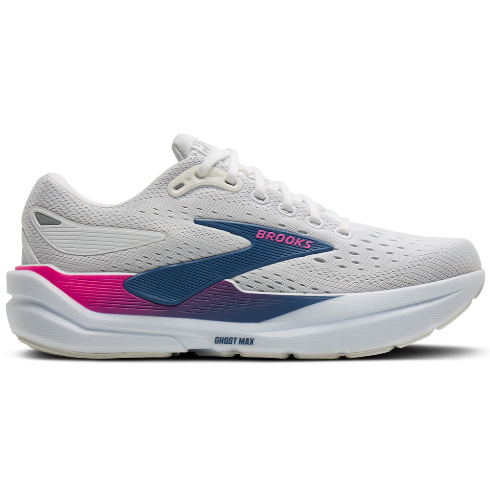 Side view on white background of Womens Brooks Ghost running shoe in White/Moonlight/Pink, Medium (Regular) width