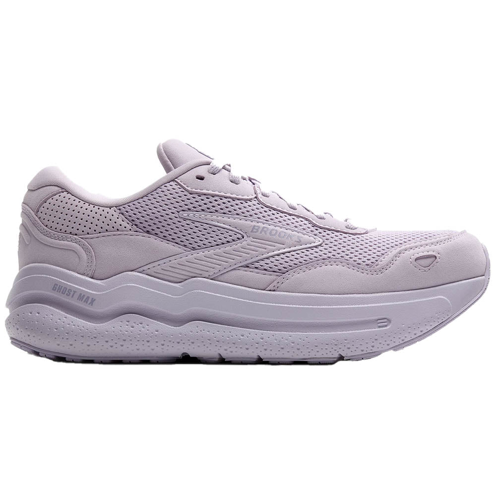 Side view on white background of Womens Brooks Ghost Max running shoe in Lilac/Lavender, Medium (Regular) width