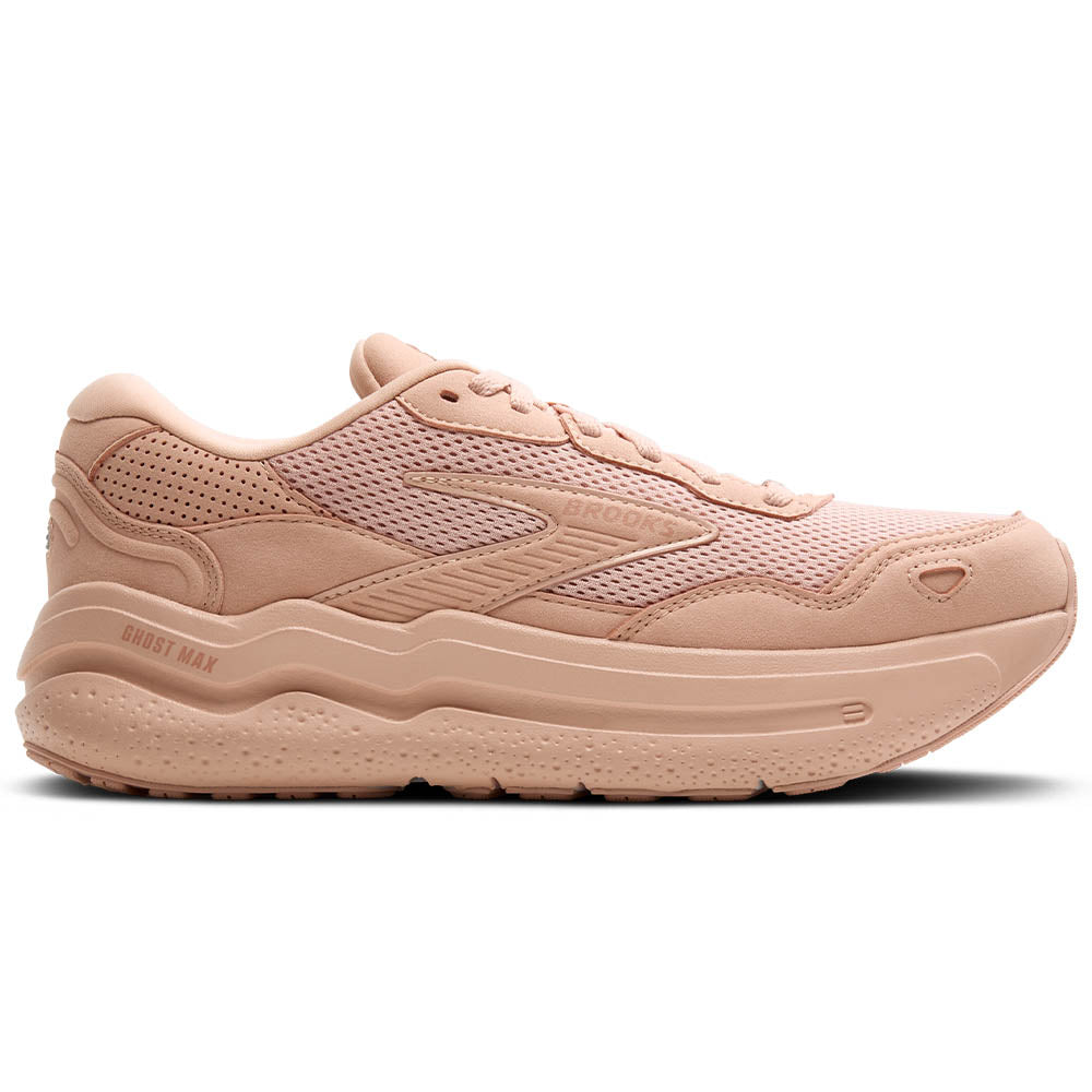 Side view on white background of Womens Brooks Ghost Max running shoe in Rose/Tuscany, Medium (Regular) width