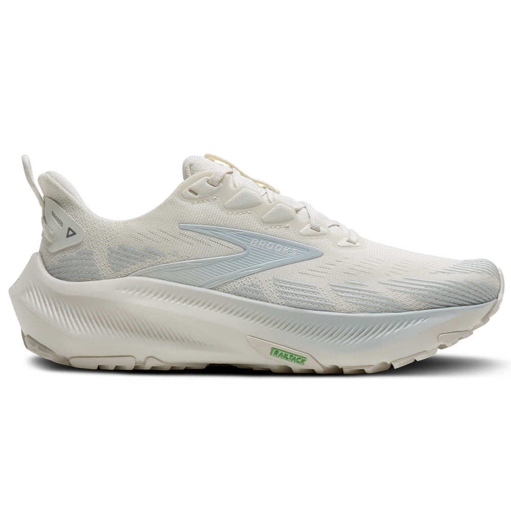 Side view on white background of Womens Brooks Ghost running shoe in Coconut/Bluewash/Skywriting, Medium (Regular) width
