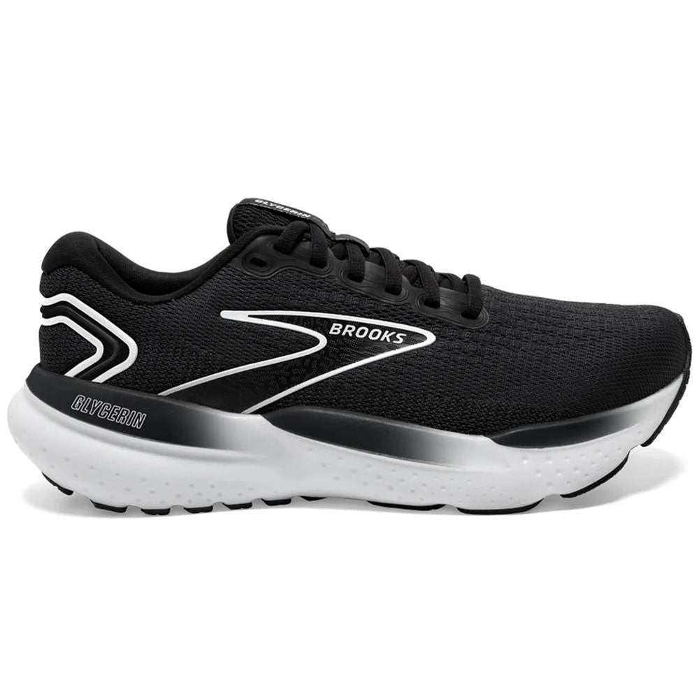 Side view on white background of Womens Brooks Glycerin running shoe in Black/Grey/White, Wide width
