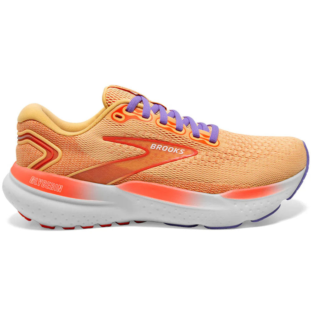 Side view on white background of Womens Brooks Glycerin running shoe in Sunburst/Nasturtium/Purple, Medium (Regular) width